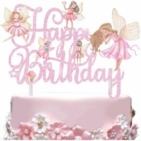 Floral Fairy Cake Topper Pink Fairy Birhtday Cake Picks Fairies Birthday Cake Decoration Fairy Garden Party Decoration for Fairy Wonderland Baby Shower Supplies