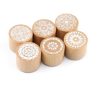 AKOAK 6 Pcs Creative Mini Wooden Circular Vintage Flower/English Letter Pattern Stamp for Scrapbook Photo Album Decoration and DIY Craft Card Making (Floral Pattern)