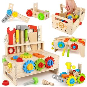 Montessori Tool Bench Set for Toddlers - Mini Wooden Work Bench for Kids, Construction Toys Wooden Tools, Educational Pretend Play Gift Building Toy Tools Set for Boys Girls in Kuwait