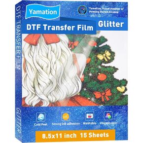فيلم نقل Yamation DTF: فيلم لامع DTF يتوهج في الظلام 8.5 بوصة × 11 بوصة 15 ورقة PET لامعة وشفافة وقشرة باردة مباشرة إلى ورق نقل الفيلم للتي شيرت