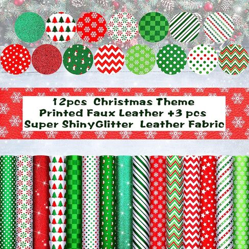 15 Pieces Christmas Leather Sheets Glitter Synthetic Leather Fabric Snowman Printed Fabric Sheets Waterproof Christmas Sheets for Holiday Christmas Bows Earrings Making Supplies (Bright Style) in Saudi Arabia