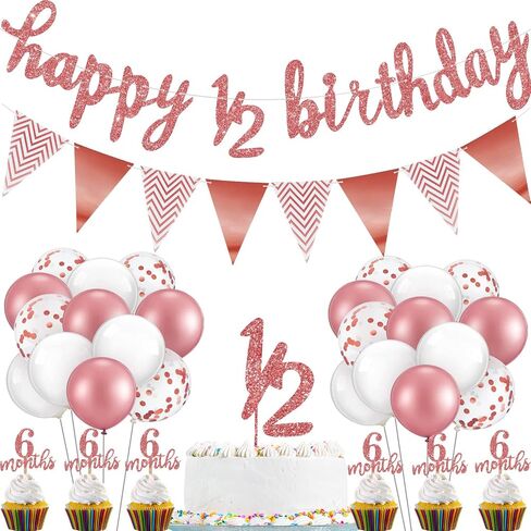 Half Birthday Decorations 6 Months Baby Boy Banner Cupcake Topper Pick 1/2 Half Year Cake Topper Triangle Flag Banner Confetti Balloons for Girl Boy Baby Shower (Dark Blue) in Kuwait