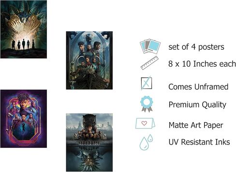 ملصقات بلاك بانثر واكاندا للأبد، مجموعة من 4 ملصقات فيلم واكاندا للأبد، ملصق واكاندا للأبد، ملصق بلاك بانثر الثاني، ملصق 2022 تكملة النمر الأسود (8 × 10) in Kuwait