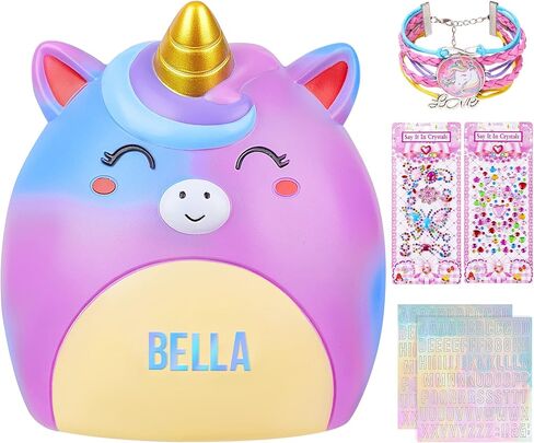 MHJY Piggy Bank Kids Unicorn Money Box Girls Unbreakable Resin Money Bank Cute Coin Bank with Stickers/Unicorn Bracelet Gift Set in Kuwait