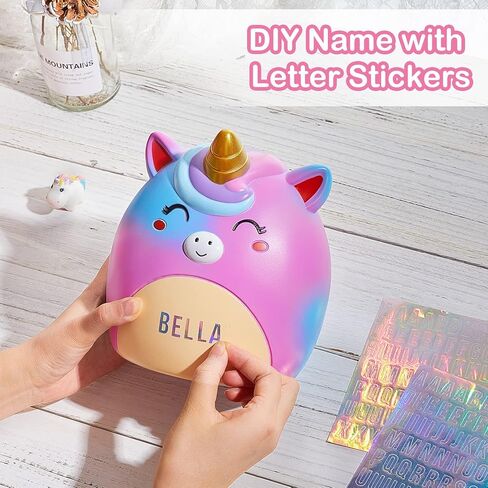 MHJY Piggy Bank Kids Unicorn Money Box Girls Unbreakable Resin Money Bank Cute Coin Bank with Stickers/Unicorn Bracelet Gift Set in Kuwait