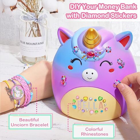 MHJY Piggy Bank Kids Unicorn Money Box Girls Unbreakable Resin Money Bank Cute Coin Bank with Stickers/Unicorn Bracelet Gift Set in Kuwait