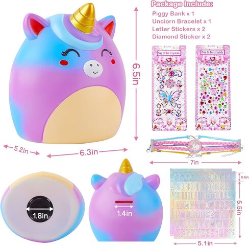 MHJY Piggy Bank Kids Unicorn Money Box Girls Unbreakable Resin Money Bank Cute Coin Bank with Stickers/Unicorn Bracelet Gift Set in Kuwait