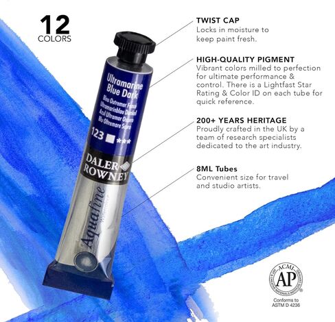 مجموعة ألوان مائية من Daler-Rowney Aquafine مكونة من 12 أنبوبًا - مجموعة ألوان مائية لورق الألوان المائية والمزيد - مجموعة ألوان مائية للفنانين والطلاب - لوازم الطلاء لجميع مستويات المهارة in Kuwait
