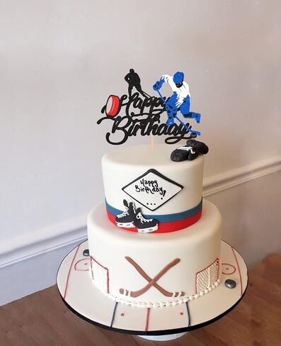 جليتر هابي بيرث داي هوكي الجليد أعلى كعكة للاعبين الرياضة تحت عنوان هوكي الجليد الكرة حزب تزيين كعكة - مراهق الطفل دش الأولد لوازم حفلة عيد الميلاد in Kuwait