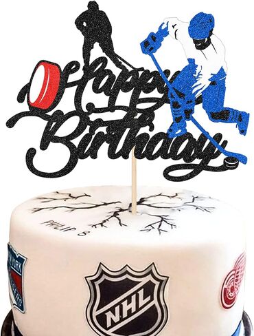 جليتر هابي بيرث داي هوكي الجليد أعلى كعكة للاعبين الرياضة تحت عنوان هوكي الجليد الكرة حزب تزيين كعكة - مراهق الطفل دش الأولد لوازم حفلة عيد الميلاد in Kuwait