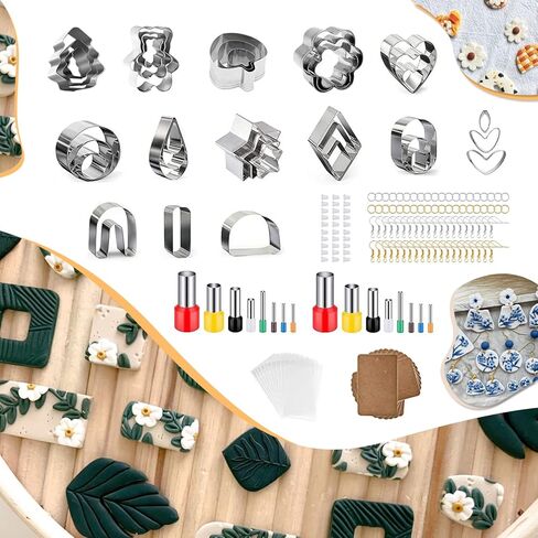 Houfamse Polymer Clay Cutters Set, 36 Shapes Stainless Steel DIY Clay Cutters Tools with 16 Circle Shape Cutters & 100 Earrings Accessories, Clay Earring Cutters Kits for Polymer Clay Jewelry Making in Kuwait