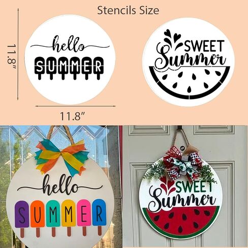 استنسل ترحيب بعبارة Hello Spring / Summer لباب الباب الامامي على الخشب مقاس 12 انش، نحلة المزرعة/زهرة برية/بطيخ/مصاصة للرسم على الحائط وديكور الباب والارضيات in Kuwait