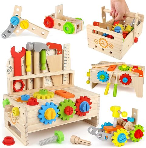Montessori Tool Bench Set for Toddlers - Mini Wooden Work Bench for Kids, Construction Toys Wooden Tools, Educational Pretend Play Gift Building Toy Tools Set for Boys Girls in Kuwait