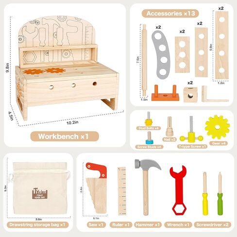 Montessori Tool Bench Set for Toddlers - Mini Wooden Work Bench for Kids, Construction Toys Wooden Tools, Educational Pretend Play Gift Building Toy Tools Set for Boys Girls in Kuwait
