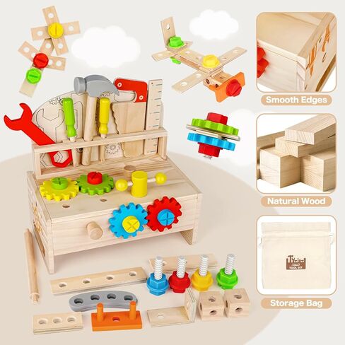Montessori Tool Bench Set for Toddlers - Mini Wooden Work Bench for Kids, Construction Toys Wooden Tools, Educational Pretend Play Gift Building Toy Tools Set for Boys Girls in Kuwait