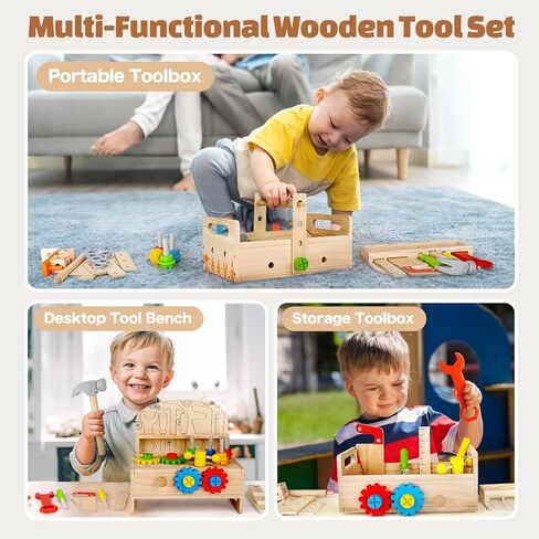 Montessori Tool Bench Set for Toddlers - Mini Wooden Work Bench for Kids, Construction Toys Wooden Tools, Educational Pretend Play Gift Building Toy Tools Set for Boys Girls in Kuwait