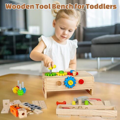 Montessori Tool Bench Set for Toddlers - Mini Wooden Work Bench for Kids, Construction Toys Wooden Tools, Educational Pretend Play Gift Building Toy Tools Set for Boys Girls in Kuwait