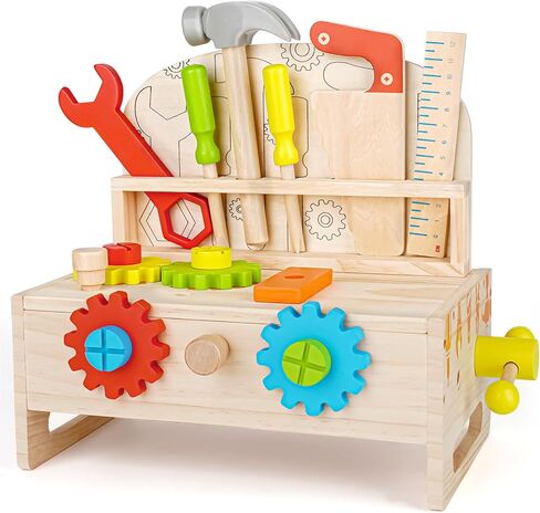 Montessori Tool Bench Set for Toddlers - Mini Wooden Work Bench for Kids, Construction Toys Wooden Tools, Educational Pretend Play Gift Building Toy Tools Set for Boys Girls in Kuwait