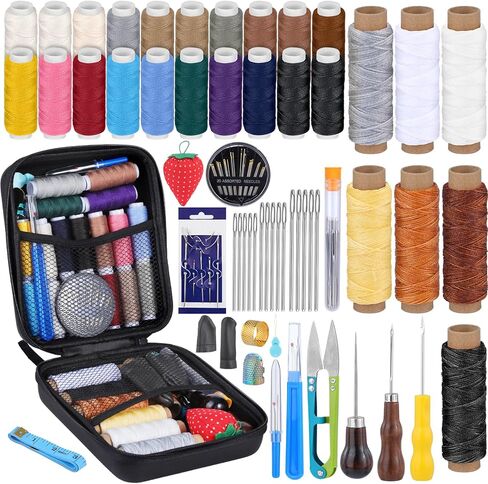 Leather Sewing Kit, Leather Sewing Tool Kit, Leather Working Tools with Waxed Thread, Upholstery Repair Kit with Heavy Duty Sewing Thread, Curved Needles Sewing for Sofa Carpet Repair and Sewing in Kuwait