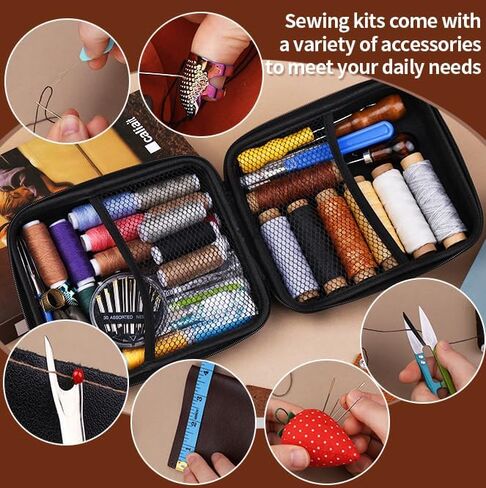Leather Sewing Kit, Leather Sewing Tool Kit, Leather Working Tools with Waxed Thread, Upholstery Repair Kit with Heavy Duty Sewing Thread, Curved Needles Sewing for Sofa Carpet Repair and Sewing in Kuwait