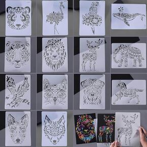 14 قطعة من استنسل الحيوانات للرسم، مقاس 8 × 11 بوصة، قالب استنسل كبير الحجم من BetterJonny قابل لإعادة الاستخدام على شكل غزال وقطة وكلب فلامنغو باندا، استنسل طلاء يدوي للرسم على بطاقة الحائط الخشبية وديكور الصخور in Kuwait