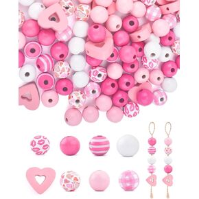 PACETAP 195Pcs Valentine's Day Wooden Beads with 32.8FT Hemp Rope, Hearts Beads Pink Red Round Colored Craft Beads for DIY Crafts Garland Wedding Memorial Day Anniversary Home Decor Party Supplies in Kuwait
