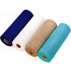 Koopi Deco Mesh 10 inch x 10 Yards - Metallic Foil Poly Mesh Ribbons for Summer/Coastal Beach Wreaths, Swags, Craft, Party and Decorating Supplies - 4 Rolls(Aqua Blue, Tan, White, Navy Blue)