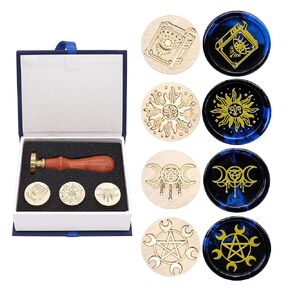 SWANGSA Wax Seal Stamp Set, Vintage 4 Pieces Castle Magic Book Moon Plant Star Sealing Stamp Heads + 1 Wooden Handle Sealing Stamp Kit