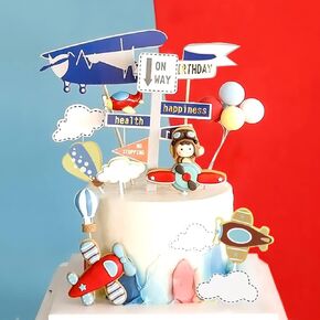 Airplane Themed Cake Toppers - Set of 20 - Airplanes, Hot Air Balloon, Balloons, Clouds, Road Sign and Happy Birthdany Cake Topper in Saudi Arabia