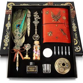 مجموعة أقلام وحبر CunMei، مع قلم ريشة دفتر ملاحظات جلدي، قلم غمس، طقم ختم ختم الشمع، هدية قلم الخط للنساء والرجال. (الطاووس) in Kuwait