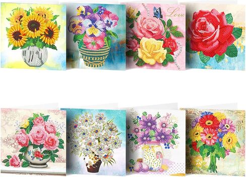 AIYUENCICI 8 Pack 5D DIY Special Shaped Diamond Painting Christmas Birthday Holiday Greeting Cards, Art Crafts kit Creative Gift with Envelopes(Flower&Bicycle) in Kuwait