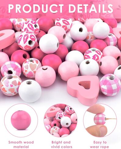 PACETAP 195Pcs Valentine's Day Wooden Beads with 32.8FT Hemp Rope, Hearts Beads Pink Red Round Colored Craft Beads for DIY Crafts Garland Wedding Memorial Day Anniversary Home Decor Party Supplies in Kuwait