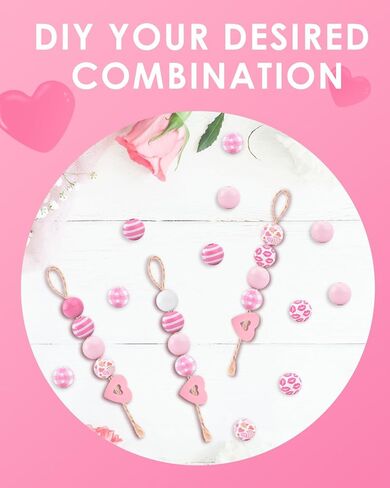 PACETAP 195Pcs Valentine's Day Wooden Beads with 32.8FT Hemp Rope, Hearts Beads Pink Red Round Colored Craft Beads for DIY Crafts Garland Wedding Memorial Day Anniversary Home Decor Party Supplies in Kuwait