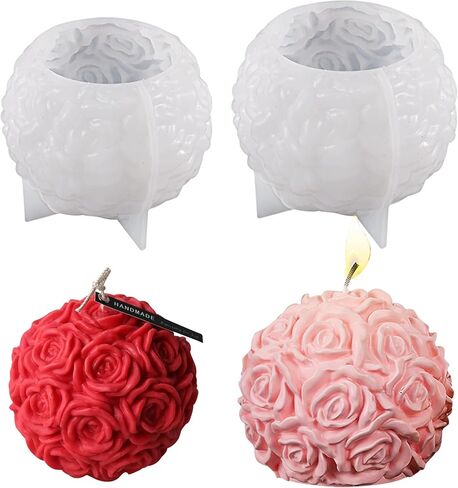 Voaesdk قطعتان كبيرتان من قوالب الراتنج على شكل كرة وردية، قوالب سيليكون كروية على شكل زهور وردية ثلاثية الأبعاد لصنع الشموع، قوالب إيبوكسي سيليكون مصنوعة يدويًا لعيد الحب من أجل ديكور منزلي مصنوع يدويًا من الشمع والشمع والطين والراتنج in Kuwait