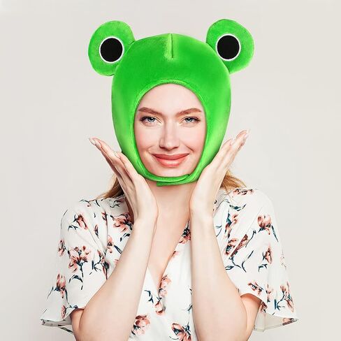 Amosfun Frog hat plush cute head ears halloween cap hats giant hat-bunny finn hood froggy the headband-adult human mushroom costume melody my frogs Winter Ski Full Headgear Party Dress Cosplay Green in Saudi Arabia