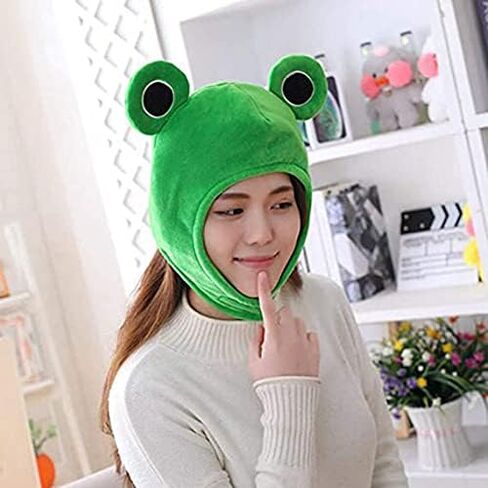 Amosfun Frog hat plush cute head ears halloween cap hats giant hat-bunny finn hood froggy the headband-adult human mushroom costume melody my frogs Winter Ski Full Headgear Party Dress Cosplay Green in Saudi Arabia