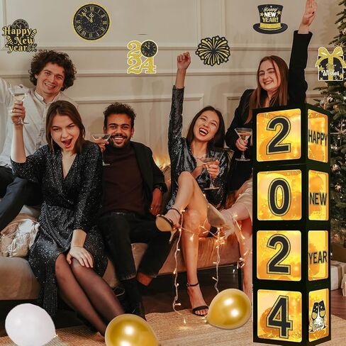 4 قطع من صناديق بالونات السنة الجديدة السعيدة، ذهبي أسود 2024 ديكور ليلة رأس السنة الجديدة لديكورات حفلات رأس السنة الجديدة in Kuwait