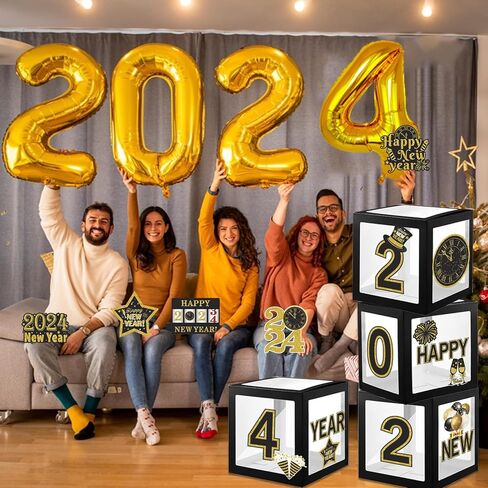 4 قطع من صناديق بالونات السنة الجديدة السعيدة، ذهبي أسود 2024 ديكور ليلة رأس السنة الجديدة لديكورات حفلات رأس السنة الجديدة in Kuwait