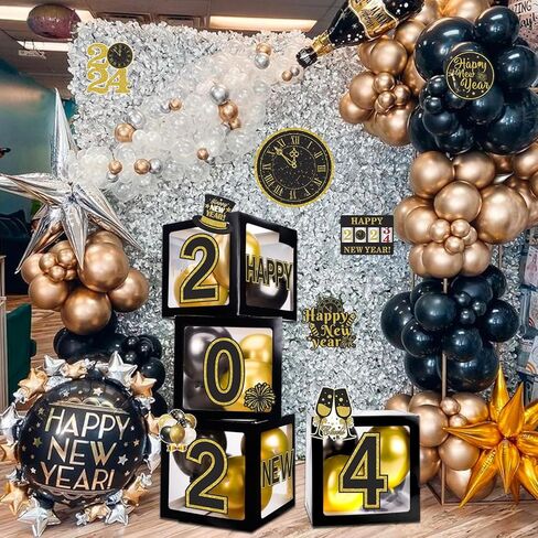 4 قطع من صناديق بالونات السنة الجديدة السعيدة، ذهبي أسود 2024 ديكور ليلة رأس السنة الجديدة لديكورات حفلات رأس السنة الجديدة in Kuwait