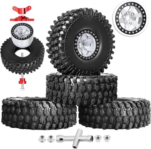 عجلات وإطارات Hobbypark 1.9 Beadlock 120 مم / 4.72 بوصة ارتفاع وأداة تثبيت للتركيب لزاحف RC 1/10 مع حشوات إسفنجية، مجموعة من 4 قطع (فضي وأسود) in Kuwait