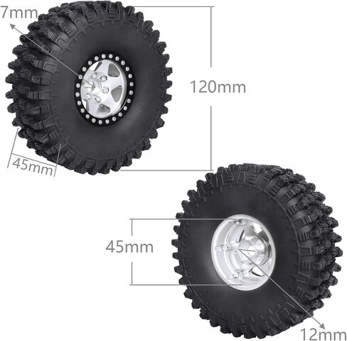 عجلات وإطارات Hobbypark 1.9 Beadlock 120 مم / 4.72 بوصة ارتفاع وأداة تثبيت للتركيب لزاحف RC 1/10 مع حشوات إسفنجية، مجموعة من 4 قطع (فضي وأسود) in Kuwait