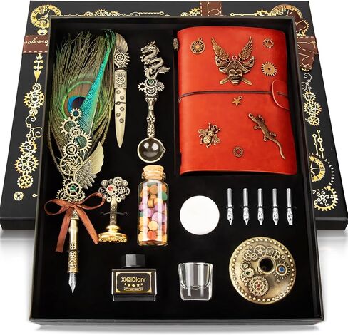 مجموعة أقلام وحبر CunMei، مع قلم ريشة دفتر ملاحظات جلدي، قلم غمس، طقم ختم ختم الشمع، هدية قلم الخط للنساء والرجال. (الطاووس) in Kuwait