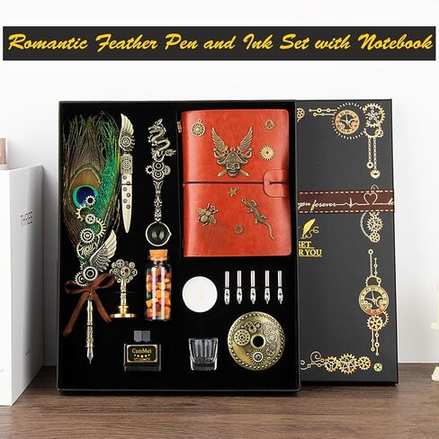 مجموعة أقلام وحبر CunMei، مع قلم ريشة دفتر ملاحظات جلدي، قلم غمس، طقم ختم ختم الشمع، هدية قلم الخط للنساء والرجال. (الطاووس) in Kuwait