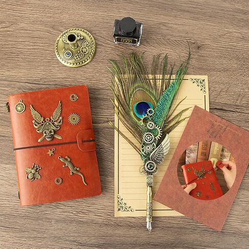 مجموعة أقلام وحبر CunMei، مع قلم ريشة دفتر ملاحظات جلدي، قلم غمس، طقم ختم ختم الشمع، هدية قلم الخط للنساء والرجال. (الطاووس) in Kuwait