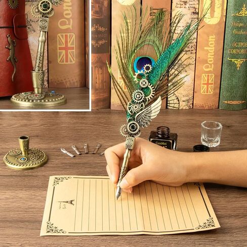 مجموعة أقلام وحبر CunMei، مع قلم ريشة دفتر ملاحظات جلدي، قلم غمس، طقم ختم ختم الشمع، هدية قلم الخط للنساء والرجال. (الطاووس) in Kuwait