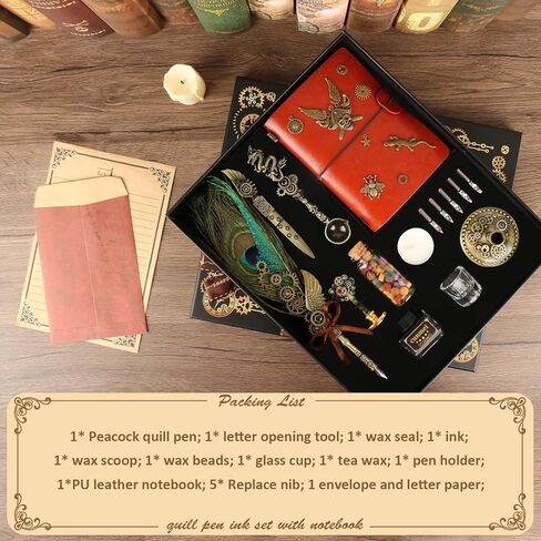 مجموعة أقلام وحبر CunMei، مع قلم ريشة دفتر ملاحظات جلدي، قلم غمس، طقم ختم ختم الشمع، هدية قلم الخط للنساء والرجال. (الطاووس) in Kuwait