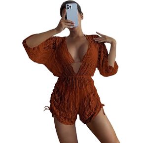 MakeMeChic Women's 3 Piece Swimsuit Halter Triangle High Cut Bikini Set Sheer Mesh Cover Up Romper