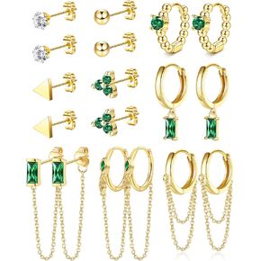LOLIAS 9Pairs 14K Real Gold Plated Hoop Studs Earrings Set for Women Trendy Minimalist Small Hoop Chain Earrings Green Earrings Sets for Multiple Piercing in Kuwait