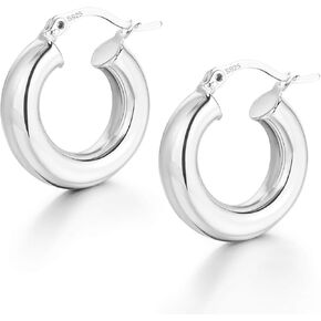 Chunky Hoop Earrings Thick Hoops for Women | Classic Thick Shiny Polished Round-Tube Chunky Hoop Earrings with 925 Sterling Silver Post for Women Girls Gift