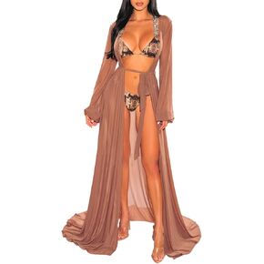 Women's Sexy Thin Mesh Long Sleeve Tie Front Swimsuit Swim Beach Maxi Cover Up Dress